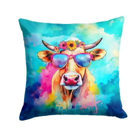 NEW Hippie Animal Malvi Cow Throw Pillow Machine Washable, Indoor Outdoor Decorative Pillow for Couch, Bed or Patio, 14Hx14W