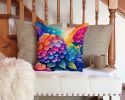 Colorful Hydrangeas Throw Pillow Machine Washable, Indoor Outdoor Decorative Pillow for Couch, Bed or Patio, 14Hx14W