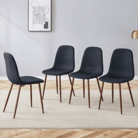 Luxury Simple Chair - Set Of 4 BLACK Linen-Cotton Material High Resilience Dining Chair With Metal Walnut Color Leg.Integral Metal Leg Architectu