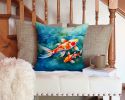 Koi Fish Throw Pillow Machine Washable, Indoor Outdoor Decorative Pillow for Couch, Bed or Patio, 14Hx14W